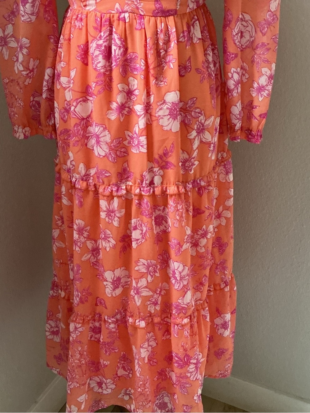 Sincerely Jules Cottagecore  Coral Pink Floral V-Neck Tiered Midi Dress - Picture 4 of 10